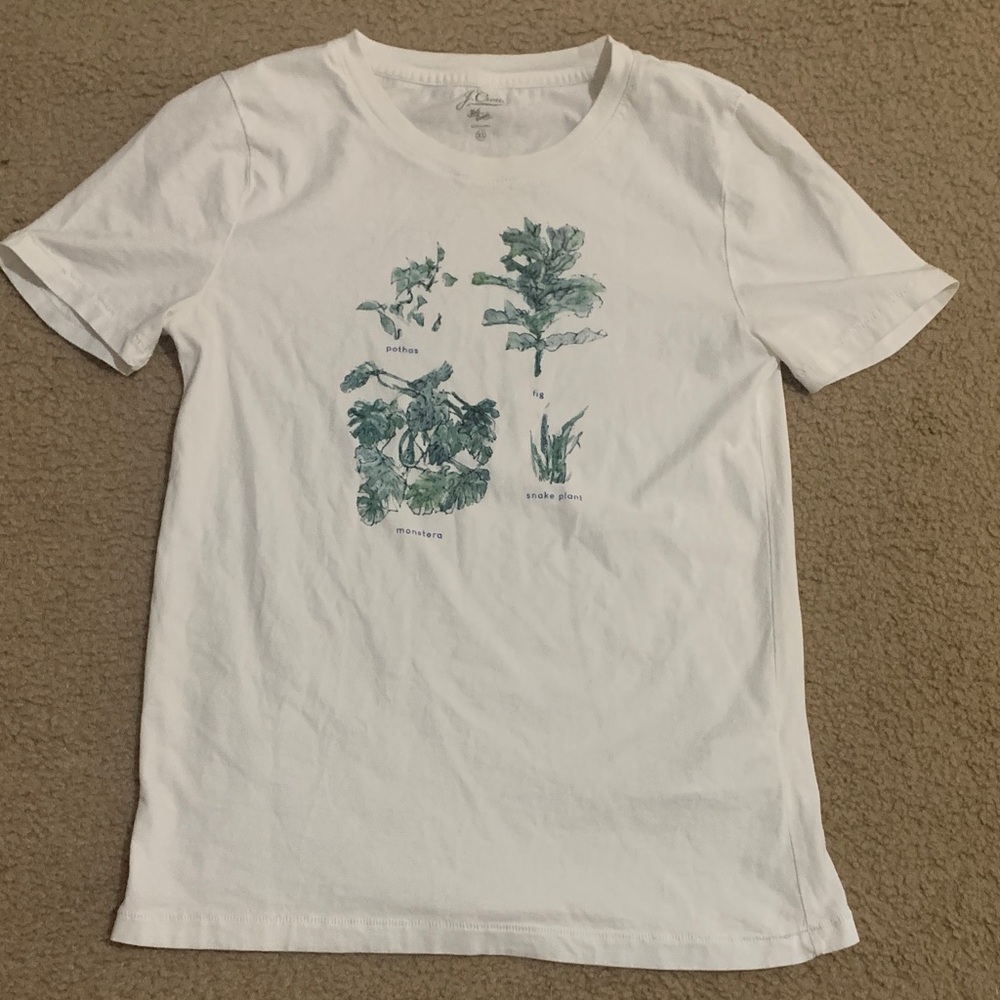 J. Crew White Tee with Green Leaf Design